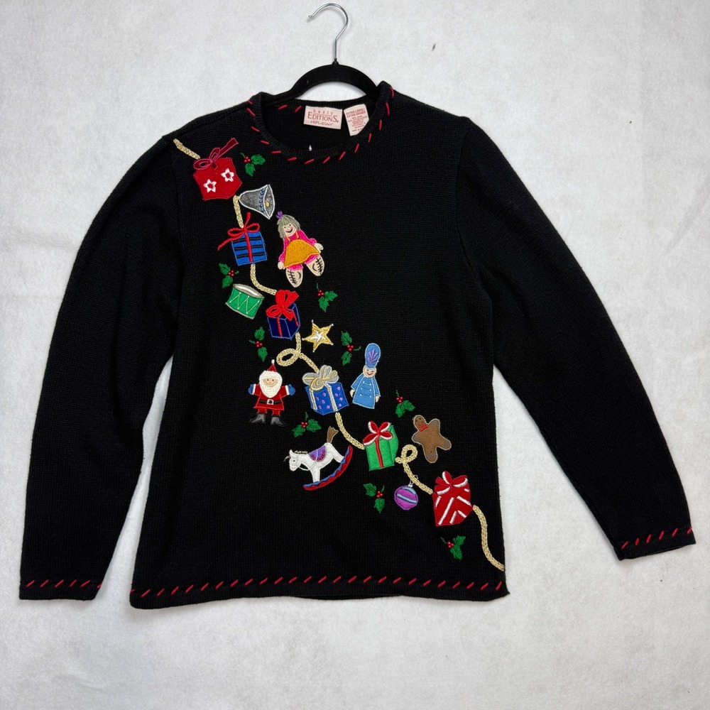 Vintage Basic Editions Holiday Christmas‎ Sweater Women XL Santa Embroidered